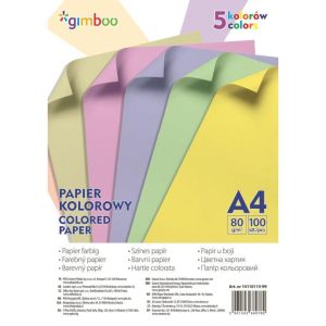 Hârtie colorată Gimboo A4, 100 de coli, 80g, 5 culori pastelate 