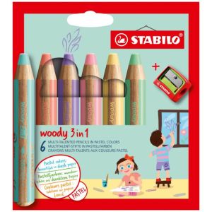 STABILO woody 3 în 1 creioane pastel 6 buc Set într-un pachet de carton cu răzătoare