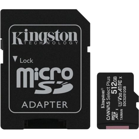 Adaptor Kingston CANVAS SELECT PLUS/micro SDXC/512GB/100MBps/UHS-I U3/Clasa 10/+ SDCS2/512GB