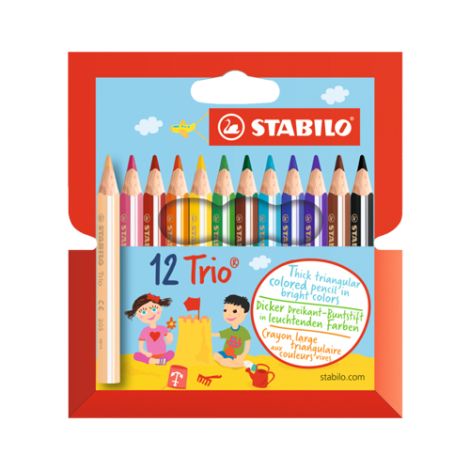 Creioane colorate triunghiulare STABILO Trio groase scurte, 12 buc de culori diferite